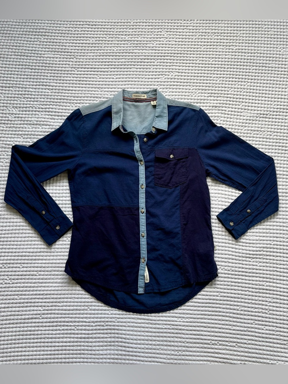 Toad & Co Las Indigas Patchwork Denim Long Sleeve Organic Cotton Button Up Shirt